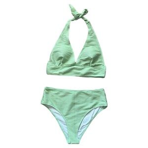 CUPSHE GREEN TEXTURED HIGH WAIST HALTER BIKINI SET
